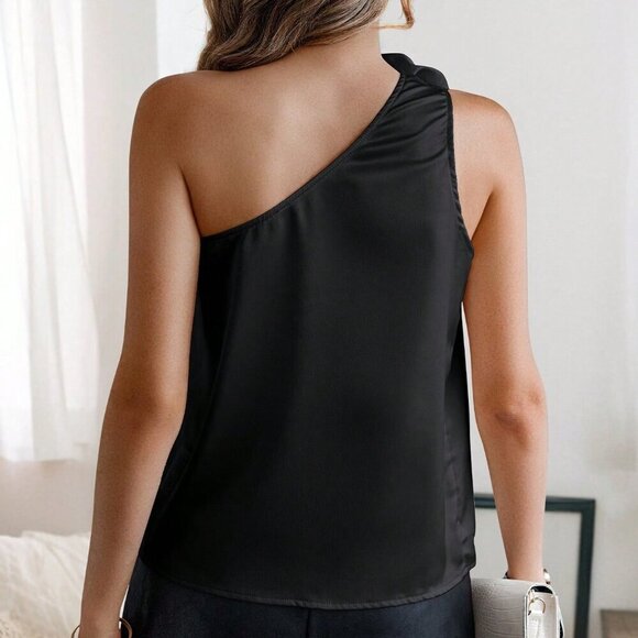 Black Casual Women's One Shoulder Appliques Satin Sleeveless Blouse - Picture 2 of 4